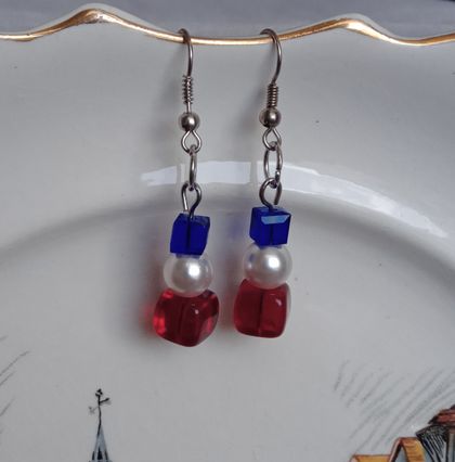 Red, white, and blue. 3 Glass shapes on dark silver earring hooks. 