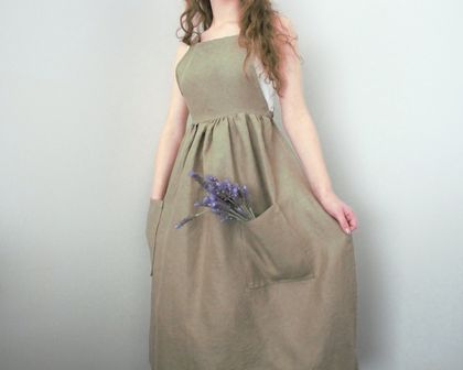 Adjustable Linen Apron Dress With Pockets