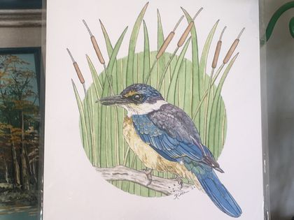 Kōtare/ NZ Kingfisher and Raupo/Bullrush Fine Art Print