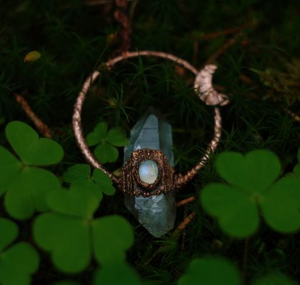 Clear quartz and Moonstone copper necklace, electroformed, moon