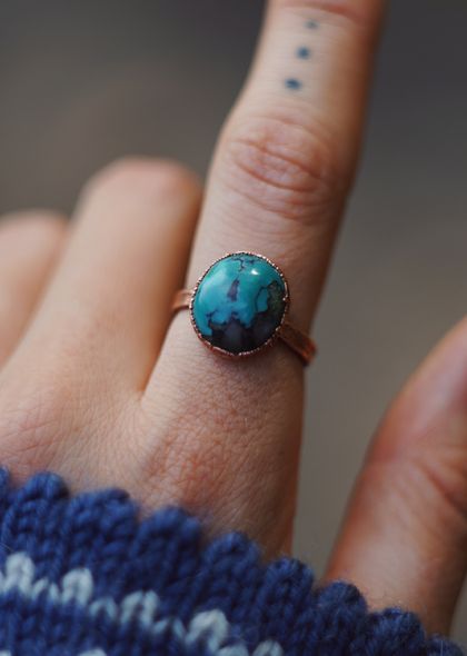 Blue Turquoise copper ring, Gemstone electroformed ring, Size O