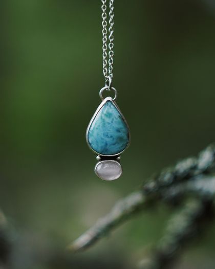 Larimar and Rose Quartz silver necklace, Two stone delicate pendant 