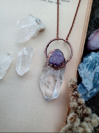 Clear Quartz and Amethyst copper necklace, Big crystal pendant 