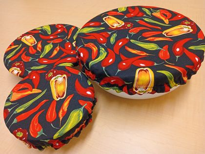 Reusable fabric bowl covers - chili peppers - set of 3