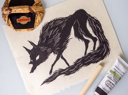 Wolf Linocut Print on Japanese Washi Paper