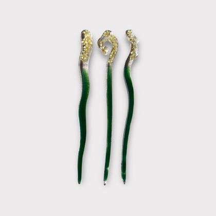 Handmade Green and Floral Resin Hairsticks