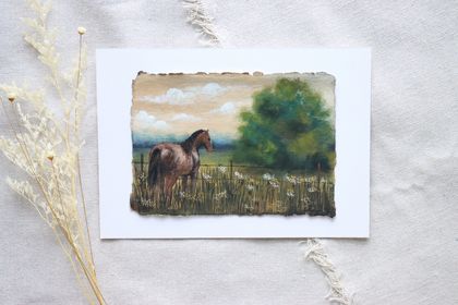 Horse by the Fence: Gouache painting on Cotton Rag Paper