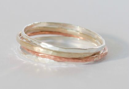 Five Textured Stacker Rings- 2 Sterling silver, 2 9ct yellow gold, copper
