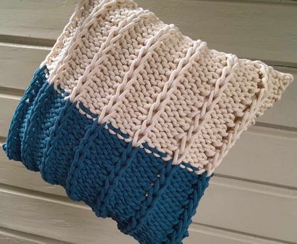 Petrol-blue/cream knitted cushion cover (recycled cotton)