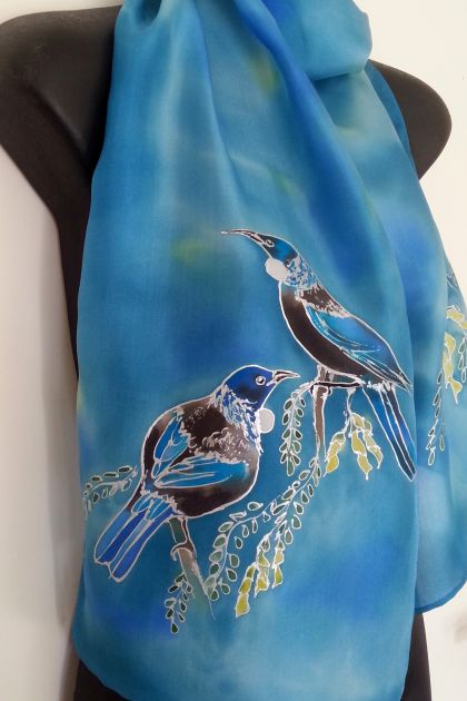 New Zealand TUIS & Kowhai Tree, Hand Painted Silk Scarf, Free Shipping
