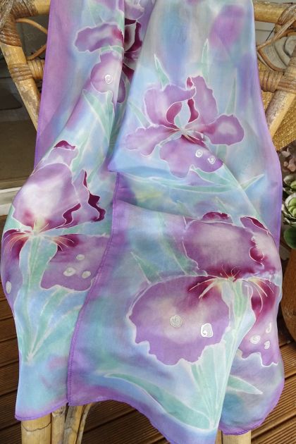 IRIS Flower, Hand painted Iris SILK SCARF, handmade in New Zealand, mauve, purple, blue, Pink, Handmade Gift for her, 150cm x 28cm Luxury on Habotai silk.