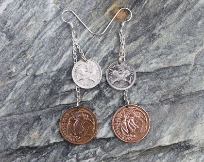 Three Pence / Two cent Earrings on Sterling Silver Chain