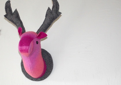 Mounted Stag Wall  Hanging, Fabric Taxidermy, Pink Sky