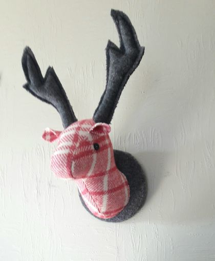 Fabric Stag Head Wall Mounted Hanging, Raspberry Cream