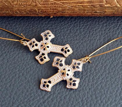 Golden Sanctuary earrings: gold and white crosses on long ear-wires