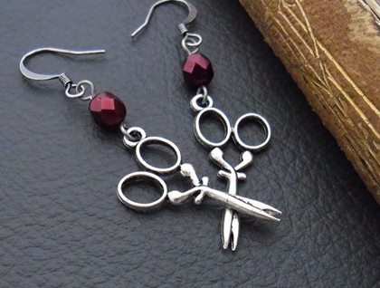 Artful Seamstress earrings: antiqued-silver coloured scissor charms with pearly, crimson glass beads