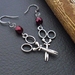 Artful Seamstress earrings: antiqued-silver scissor charms with pearly, crimson glass