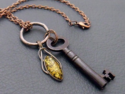 Inbar: vintage-inspired necklace in antiqued copper with old key and faux amber pendant – OOAK