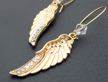Wings Of Gold: elegant golden angel-wing earrings with rhinestones and crystals – last pair!