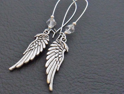 Winter Wings earrings: silver angel wings with crystal beads on silver-plated ear-wires