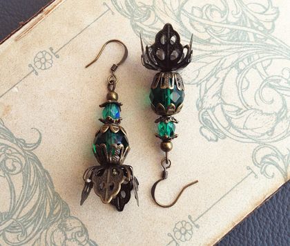 Viridian And Bronze earrings: dark green glass and antiqued bronze  