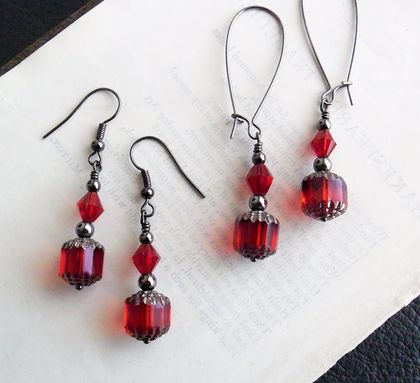 Carmen earrings: luscious deep red glass and crystal on short hooks or long ear-wires