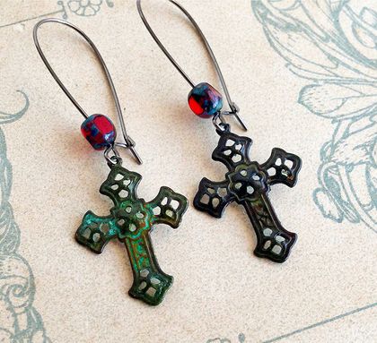 Blood In A Graveyard earrings: distressed verdigris crosses with blood-red glass 