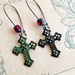Blood In A Graveyard earrings: distressed verdigris crosses with blood-red glass 
