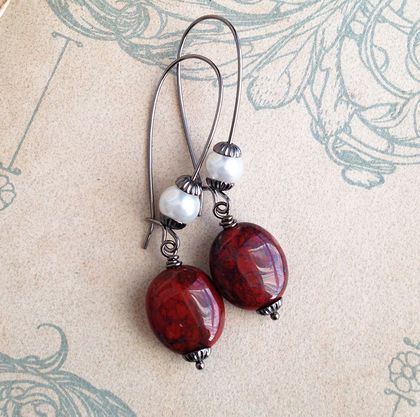 Old Blood earrings: gothic jasper drops with white glass pearls 
