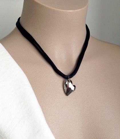 Longing Heart necklace: Swarovski crystal pendant in moody grey on black satin cords