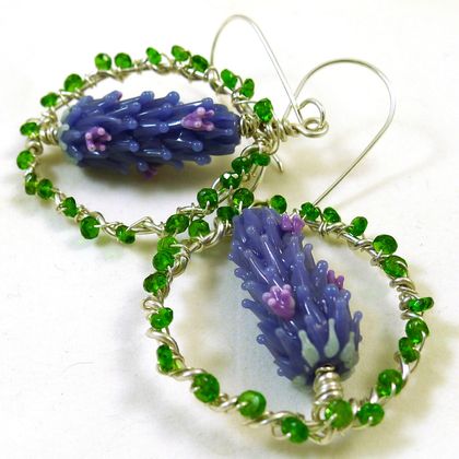 Lavender Lampwork and Chrome Diopside Earrings