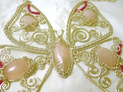 Rose Quartz Filigree Butterfly Necklace in Sterling Silver with Rubies