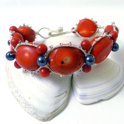 Coral and Sterling Silver Wire Wrapped Bangle