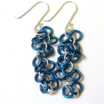 Sterling Silver and Blue Aluminium Shaggy Chainmaille Earrings