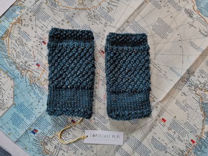 Log Cabin womens fingerless mitts – Dark teal blue green wool