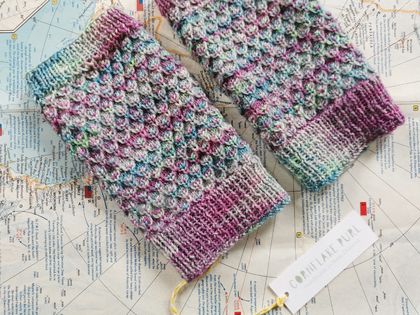 SIREN womens fingerless mitts – purple, blue and green wool