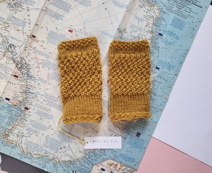 Mustard yellow fingerless mittens - hand knitted pure wool mitts