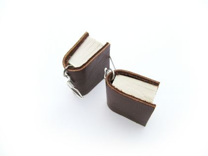 Miniature Leather Bound Upcycled Book Earrings- Handcrafted in Brown Leather
