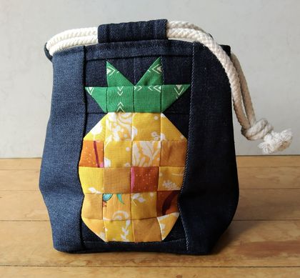 Pineapple - patchwork denim drawstring project bag - medium 