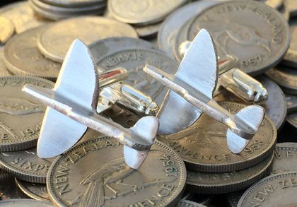 Spitfire Trench Art cufflinks made from sixpence or 6d coins