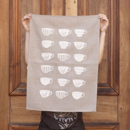 Natural 100% Linen White vintage tea cups kitchen tea towel
