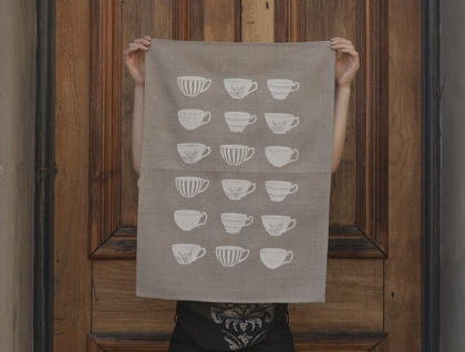 Natural 100% Linen White vintage tea cups kitchen tea towel