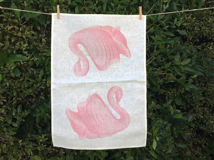 Cream linen tea towel, pink swan vase retro tea towel