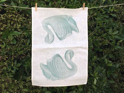 Cream linen tea towel, mint green vintage swan vase retro tea towel
