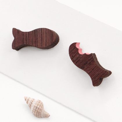 Chocolate Fish Stud Earrings - Hand Painted Wood