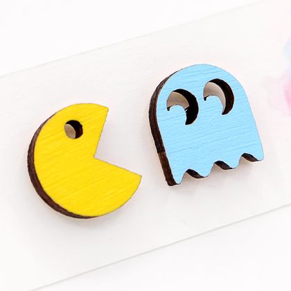 Pac-Man Stud Earrings - Hand Painted Wood