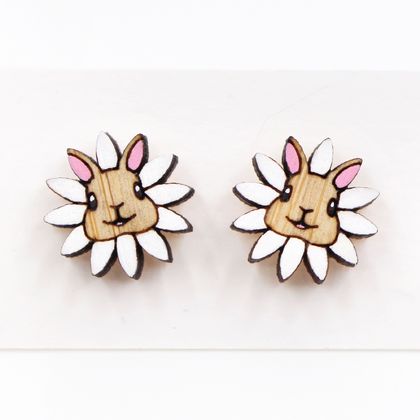 Flower Bunny Stud Earrings - Hand Painted Wood