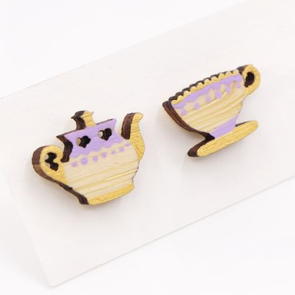 Tea Set Stud Earrings - Hand Painted Wood