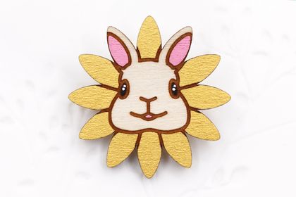 Flower Bunny Brooch - Hand Painted Wood