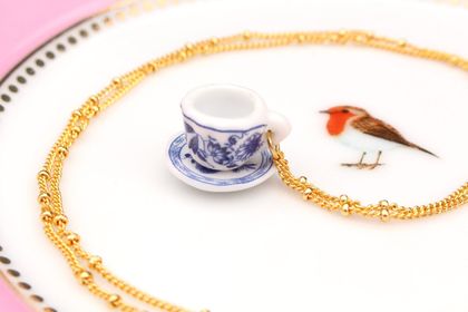 Handmade Blue Floral Mini Porcelain Teacup Necklace with 18K Gold Plated Chain